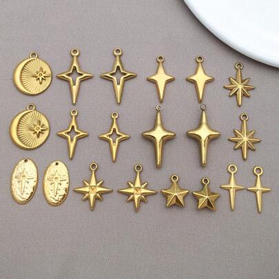 2pcs Fashion Gold Stainless Steel Four-Pointed Star Moon Charm Metal Star Pendant For DIY Jewelry Earring Bracelet Necklace Craft Keychain Accessories