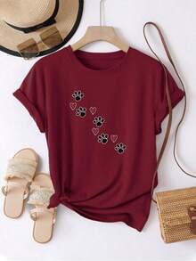 Camiseta Mujer Ciruela Estampado Primavera Verano Casual Suelta Cuello Redondo Manga Corta - Burdeos - Ver 3