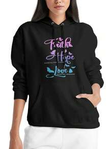 Faith Hope Love Print Women's Casual Black Hoodie All-Season Polyester Sweatshirt With Front Pocket And Drawstring Hood, Sweater Hoodie - 黑色 - 查看 1