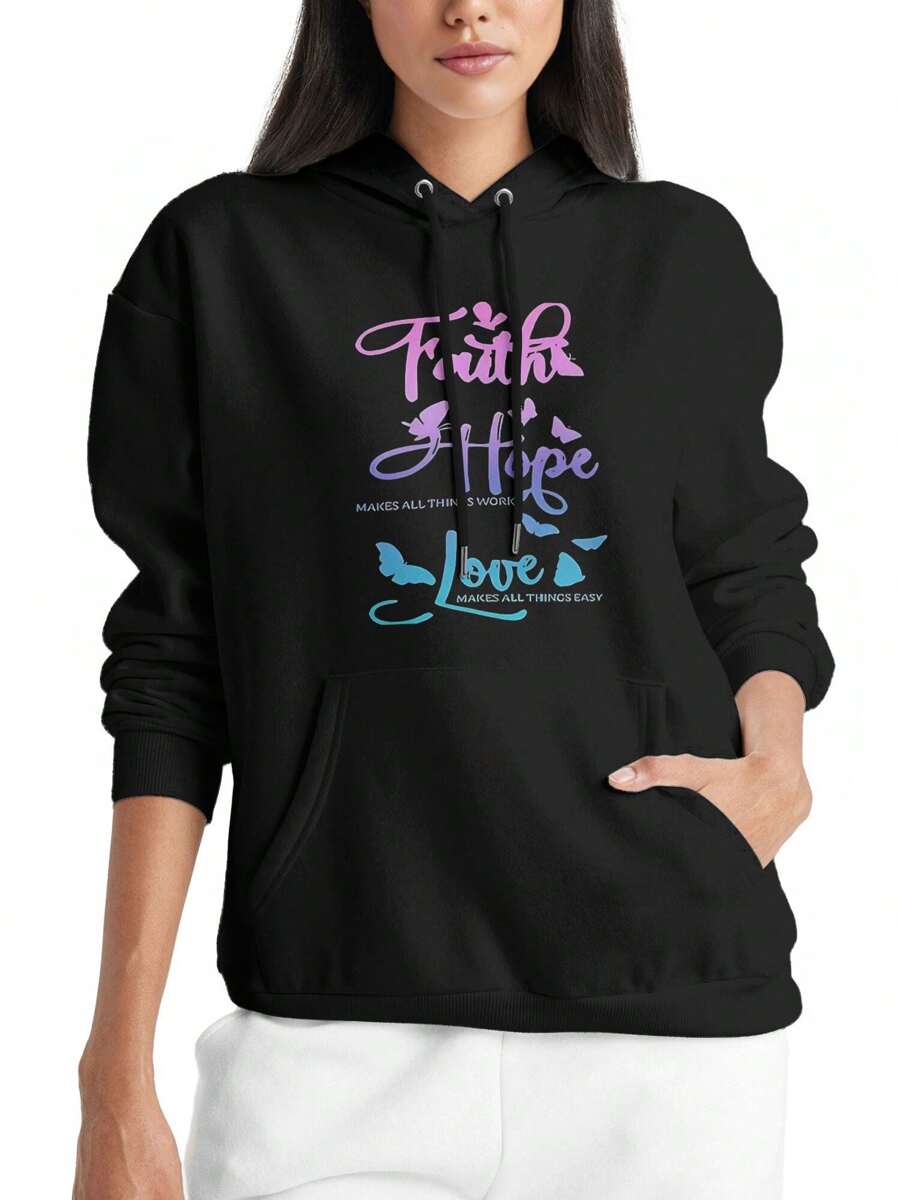 Faith Hope Love Print Women's Casual Black Hoodie All-Season Polyester Sweatshirt With Front Pocket And Drawstring Hood, Sweater Hoodie - 黑色 - 查看 1
