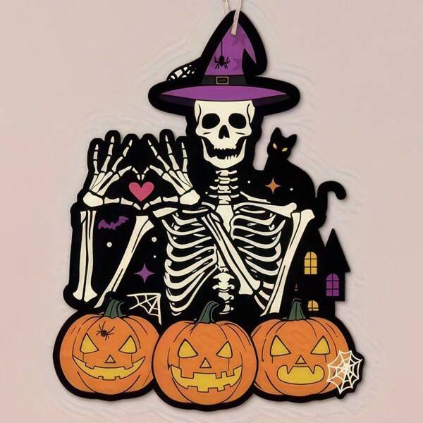 1 Colgante retro de Halloween - Sombrero de mago de calavera, farol de calabaza, gato negro - Decoración gótica para el hogar, bar y cafetería - No requiere energía - Adornos retro de casa encantada, arte de pared festivo, tablero de madera imitación