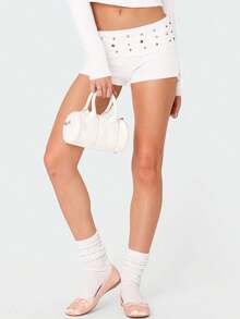Women Y2K Studded Foldover Summer Hot Shorts Vintage Low Waist Slim Fit Micro Shorts - 白色 - 查看 2