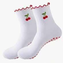 LUVLETTE 1/3 双多尺寸可爱樱桃、蝴蝶结、扇贝边、心形圆点印花普拉提和瑜伽袜，秋季袜子
