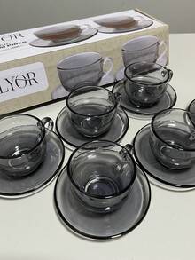 Xicara de chá café Cinza com pires 6 peças 150 ml Mesa Posta vidro Lyor - Cinza - Visão 3