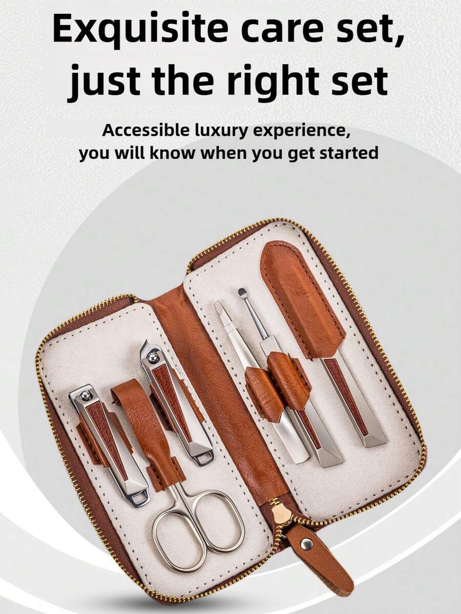 6 件套豪华美甲套装 - 优质不锈钢美容套装、木纹指甲钳、精致棕色拉链皮袋，非常适合送礼和居家使用 - 棕色 - 查看 1