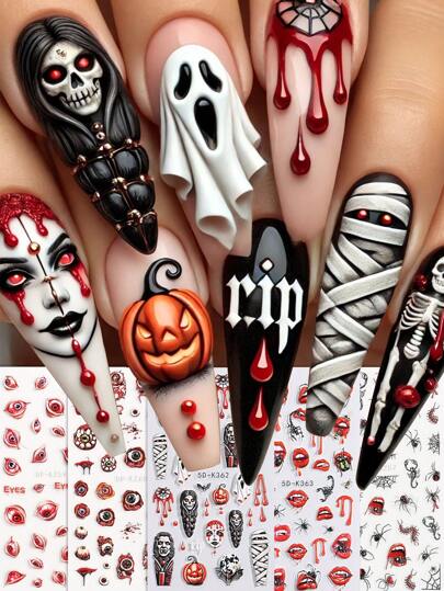 2片装 幽灵木乃伊 5D 美甲贴纸 恐怖吸血鬼蝙蝠 血丝眼球 蝎子 蜘蛛 红唇 浮雕美甲图案 万圣节派对美甲装饰 自粘美甲贴纸 DIY美甲