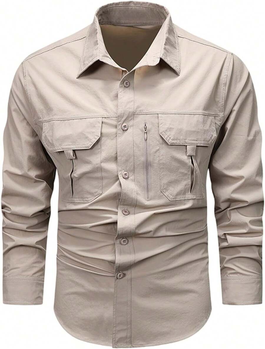 Men's Shirt With Multiple Pockets, Quick-Drying And Breathable, Suitable For Outdoor Hiking And Mountaineering; Simple Solid-Color Men's Shirts, Suitable For Spring, Summer, And Autumn Wear. - Màu be - Xem 1