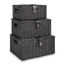 Vencier Set Of 3 Resin Woven Storage Basket Box With Lid & Lock, Black, Large, Medium, Small - Black - View 11