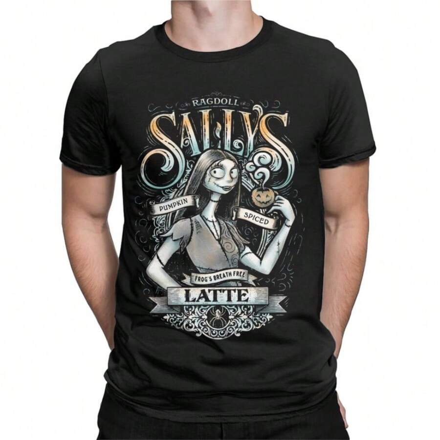 COOL SUMMER Sallys Spiced Latte T-Shirts Men Women Nightmare Before Christmas T Shirts Halloween Pumpkin Cotton Tees Birthday Gift Tops - 黑色 - 查看 1