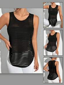 1 pieza Conjunto deportivo informal para mujer talla grande, top corto transparente de espalda de tirantes anchos - Negro - Ver 2