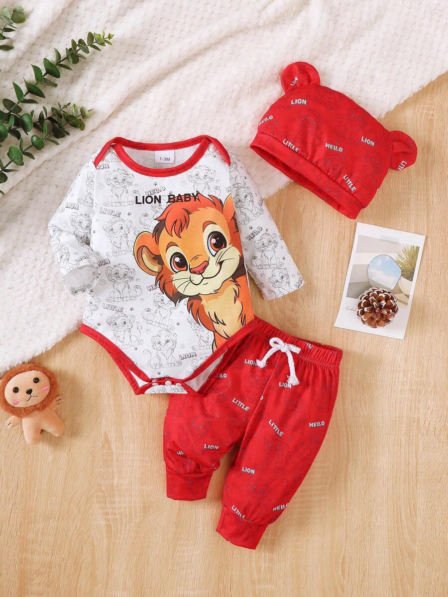 3pcs "Brave Lion Baby" Toddler Long Sleeve Top, Pants With Lion Print, And Hat With Ears, Lightweight & Soft, Suitable For Spring/Autumn Wear Or Layering, Comfortable Set