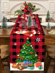1pc 35*180cm/13.78*70.87inch Christmas Decorative Table Runner, Red & Black Plaid Santa Claus & Christmas Tree Gift Pattern, Suitable For Home Dining Table, Coffee Table, Party Decor, Holiday Gift Essential Textile Decoration - Multicolor - View 10