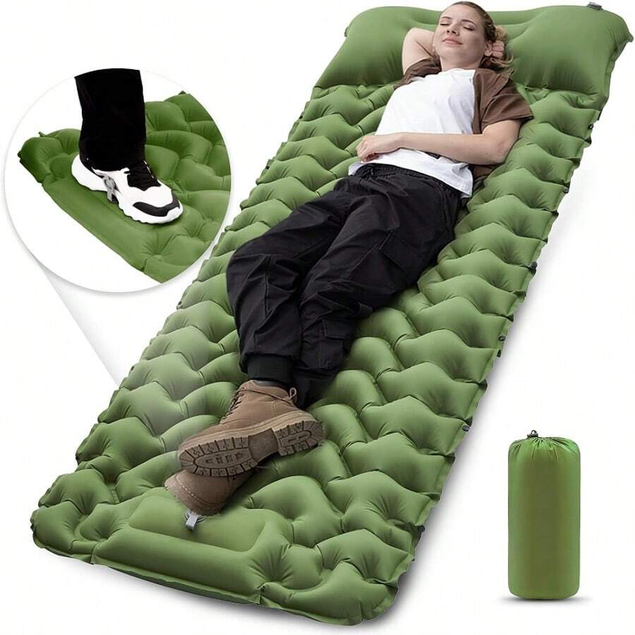 Camping Sleeping Pad, Ultralight Camping Mat With Pillow Built-In Foot Pump Inflatable Sleeping Pads Compact For Camping Backpacking Hiking Traveling Tent - 綠色 - 查看 1