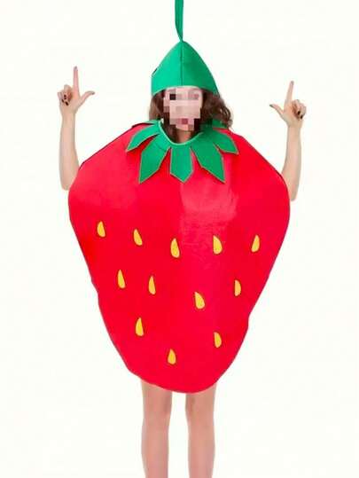 This Unisex Non-Woven Strawberry Fruit Costume Set Includes A Headpiece, Suitable For Various Festivals, Gatherings And Youth Dances. The Bright Red And Green Polyester Blended Fabric Is An Ideal Choice For Fun Food Roleplay, Themed Parties And Strawberry-Themed Holiday Outfits., Valentine's Day Costume