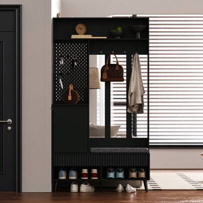 Wardrobe Set, Wall Wardrobe, Hallway Wardrobe Set With Shoe Bench, Wardrobe Set With 4 Coat Hooks, Two Drawers And 1 Door, Black, 100 Lx35Wx180H Cm
