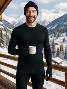 Complete Unisex Winter Thermal Kit – Top + Pants + Hat + Touch Gloves | Slim And Plus Size Flannel Second Skin - 黑色 - 查看 5