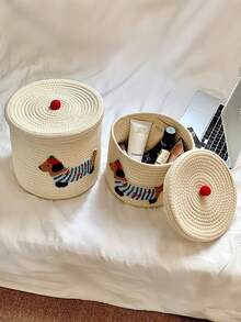 棉织大容量带盖防尘收纳桶，卡通可爱小狗图案家居收纳篮 - 彩色 - 查看 6