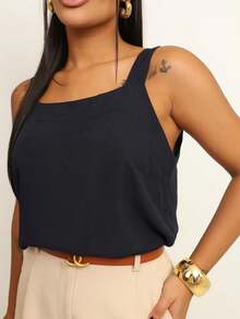 Elegant Viscose Wide Strap Tank Top - 藏蓝色 - 查看 4