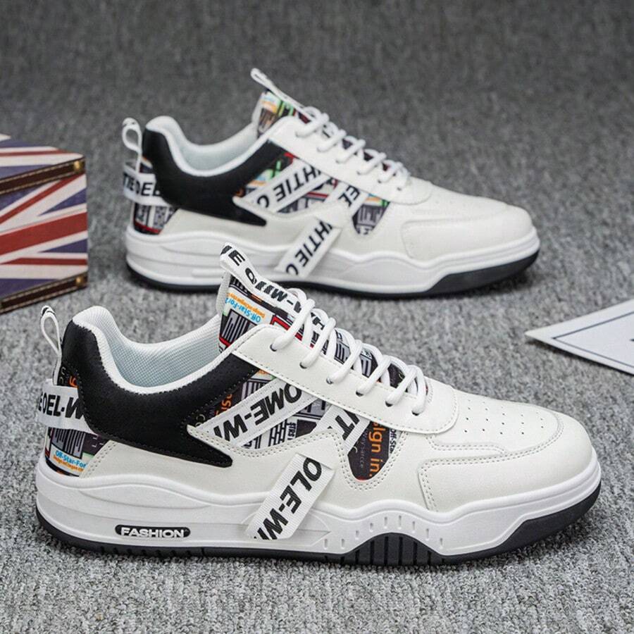 1 Paio di Scarpe da Skate Casual da Uomo in PU con Stampa a Lettere, scarpe sportive Sportive da Esterno Antiscivolo [Lacci delle Scarpe con Combinazione Casuale di Lettere] - BZ06 Bianco Nero - Visualizzare 1