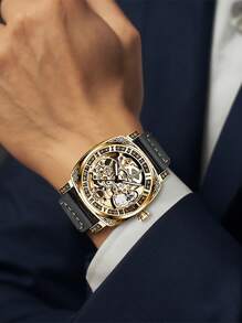 1pc Men's Black Leather Strap Gold Case Vintage Engraved Design Luminous Hollow Tourbillon Automatic Mechanical Watch