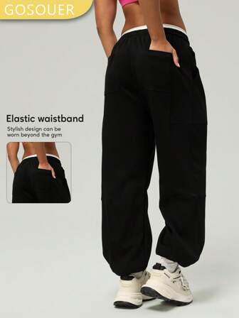 GOSOUER 女士宽松口袋休闲跑步瑜伽运动户外健身卷边长裤慢跑裤