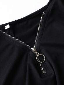 Plus Size Women's Zip Front Off Shoulder Casual Long Sleeve Dress, Casual Long Sleeve Dress, Suitable For Spring And Autumn Wear, Autumn Clothing, Autumn Women's Dress, Black Long Dress, Homecoming Dress