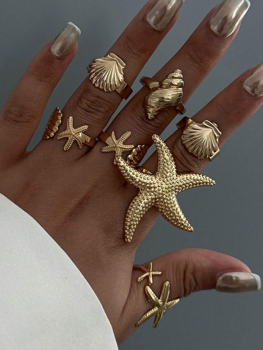 7 Pieces/Set Vintage Smooth Vegan Ring Fashion Ring Bohemian Starfish Personalized Ring