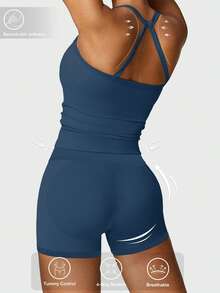 VVX Women's 2 Piece Outfits Casual Sets Ruched Camisole Tops And High Waisted Shorts/Pants Leggings Tracksuit Sets - 藏青 - 查看 2