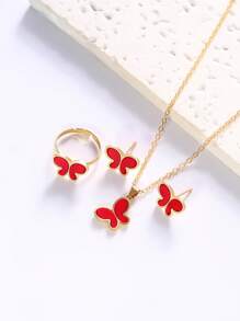 1 Set minimalistischer Stil Ohrringe, Ring, Halskette 4-teiliges Schmuckset, Schmetterling kreatives Harz-Einlegedesign, geeignet für Bankette, Partyanlässe