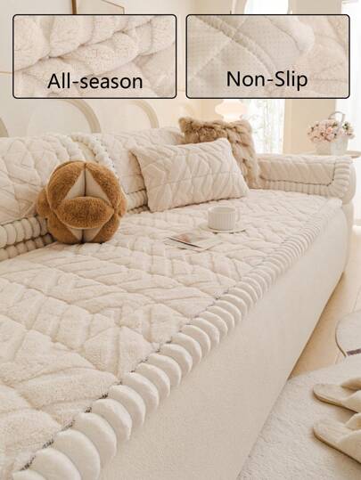 1pc Thickened Plush Sofa Cover, Jacquard Quilted Craftsmanship, Warm & Soft, Pet-Friendly, Dirt & Scratch Resistant, Suitable For All Seasons, Applicable For 1/2/3/4 Seater Sofa