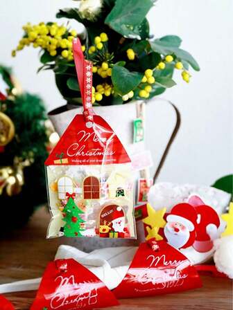 10 st, julrenar, jultomtens husformade kakdekorationer, självhäftande kakförpackningspåsar, genomskinliga förpackningspåsar med jultema, slumpmässiga juldekorationer julpyjamas julklappar juldekorationer