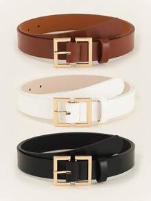 3pcs Gold Square Double D Buckle Fashion Dress Belt, Versatile Women's Waist Belt For Daily Use