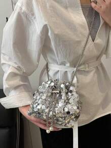 1pc Shiny Gold Sequin Drawstring Closure PVC Strap, Decorative Colorful Beaded Women's Bucket Shoulder Bag, Fashion Gift Suitable For Party Dresses, Graduation Gowns, Sequin Dresses, Elegant Dresses - Silver - View 2