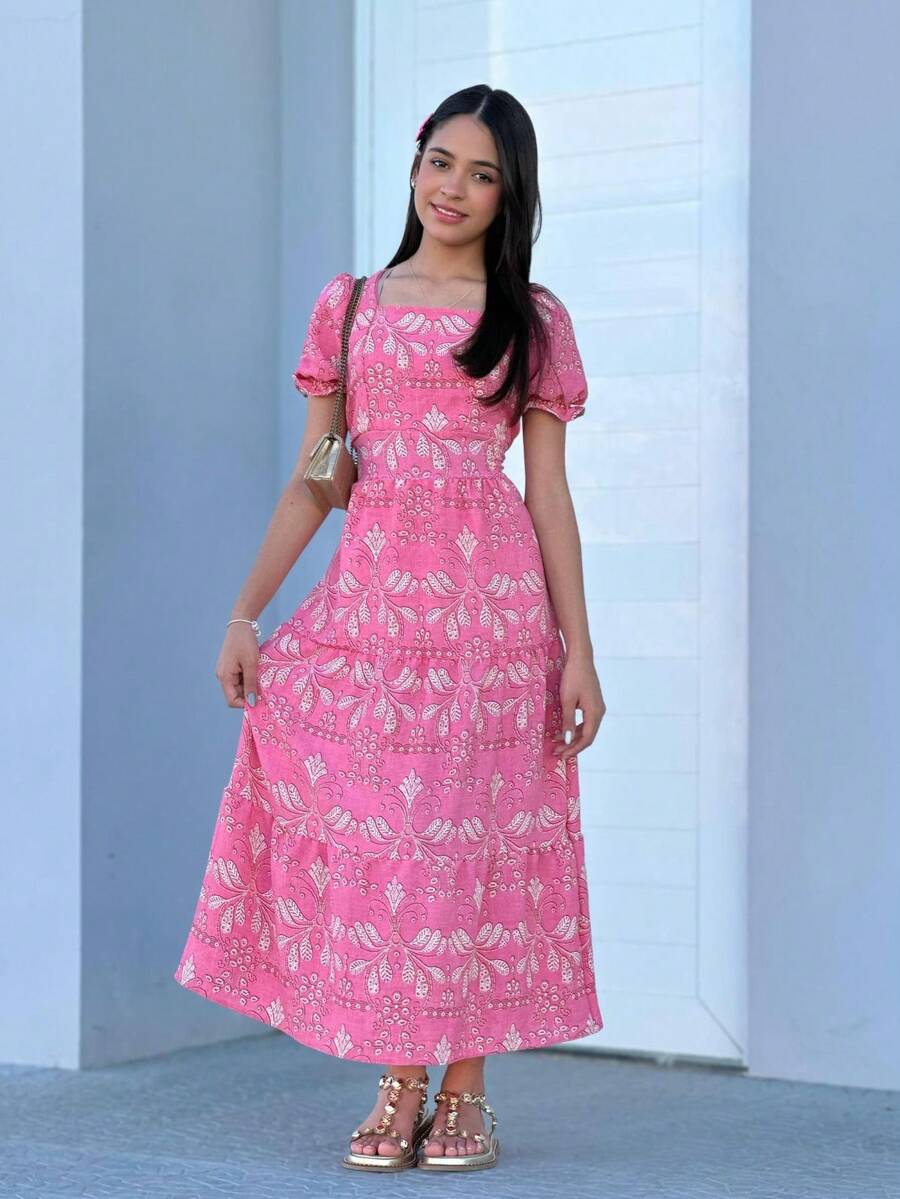 Long Youth Dress Modern Fashion In Lesse Print - Rusty Rose - View 1