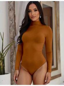 Women's Bodysuit Leotard Second Skin Long Sleeve High Neck Versatile Basic Casual Suplex - Màu nâu  Mocha - Xem 3