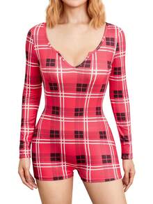 Women's Sexy Romper Shorts, Funny Print Long Sleeve Button Down Deep V Neck Bodysuit - Cuadros rojos y negros - Ver 4