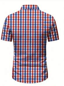 Men's Plaid Striped Button Design Short Sleeve Shirt, Red & Blue Color Block, Street Style Fashion Item For Multi-Occasion Wear, Summer Bestseller