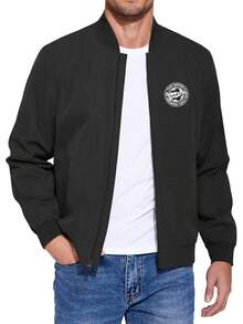 Men's Fashionable Printed Jacket, Casual Baseball Jacket, Lightweight Spring/Autumn Outerwear, Long Sleeve Zip-Up Baseball Collar Flight Jacket - Black - View 2