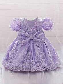 Baby Girls Embroidered Tulle Cute Flower Girl Princess Dress, Suitable For Holiday Celebration Formal Wear, Fabric Floral Pattern Randomly Cut, Headband Not Included - Mauve Purple - View 3
