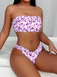 Ladies' Strapless Bikini, Vacation Style New Floral Print Sexy Strapless Bikini Swimsuit Set - 紫色 - 查看 2