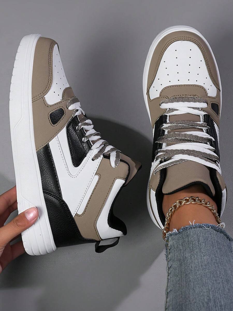 Women's Khaki & White Mid-Top Sneakers With Black Trim - Anklet Safe Everyday Casual Shoes, Year-Round Jeans Friendly - 白棕 - 查看 1