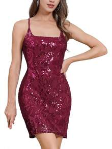 Teen Homecoming Dress Sequins Bodycon Mini Spaghetti Strap Floral Glitter - 酒紅色 - 查看 1