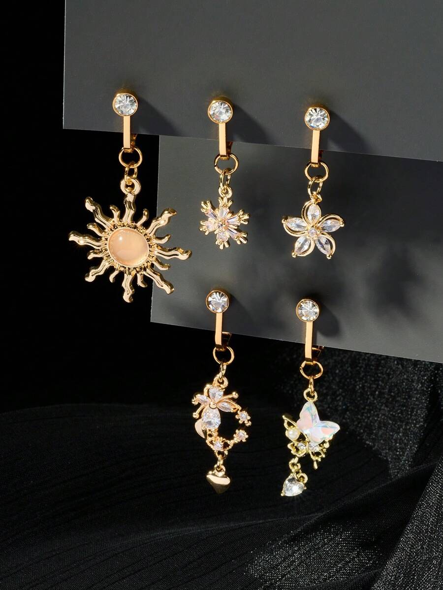 CIZME 1 buc Inel fals pentru buric din oțel inoxidabil cu fluture soare, funky, pentru femei, pentru decor zilnic, inel auriu pentru buric, inele pentru buric suspendate, non-piercing, inele pentru buric, inele false pentru buric, piercing fals pentru buric, bijuterii pentru piercing fals