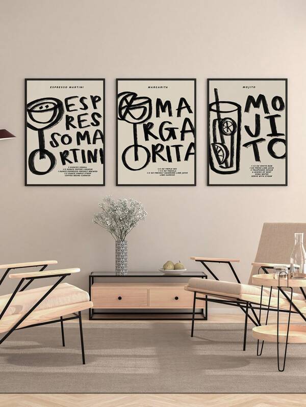 1/3 pièces Affiches murales d'art Espresso Martini, Tableaux sur canevas Mojito, Peintures imprimées Margarita, Décorations murales Boissons, Minimalisme Affiches neutres, Décoration d'appartement, de café, de bar, de restaurant, sans cadre