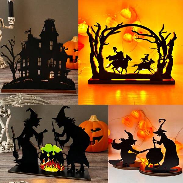 Halloween Wooden Candle Holder Decor, Black House, Witch Silhouette, Seasonal Tabletop Decoration, Halloween Themed Decor Home Decor Halloween Decor Room Decor