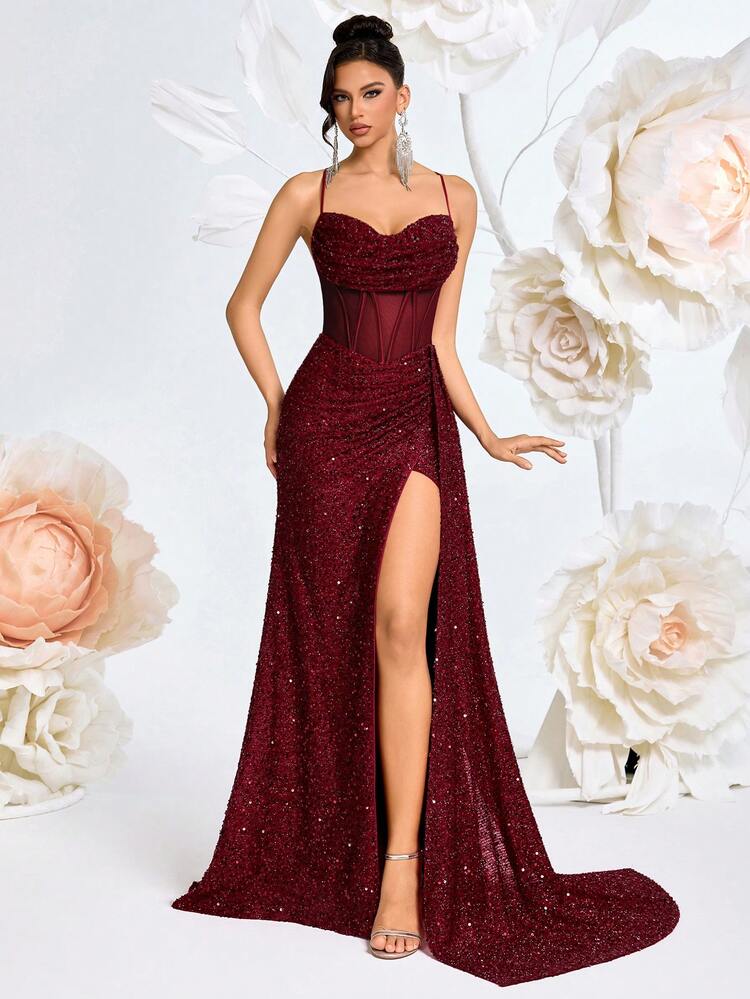Elisanya Vestido con tirantes de espagueti, cuello en V, parche de malla con lentejuelas, cintura alta, con cinturón de lazo, espalda descubierta, abertura, adecuado para vestido de noche de graduación o fiesta - Burdeos - Añade 7