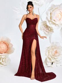 ADYCE Robe à bretelles fines, encolure en V, patchwork de résille pailletée, taille haute, avec ceinture à nouer, dos nu, fendu, convient pour le bal de promo, la soirée