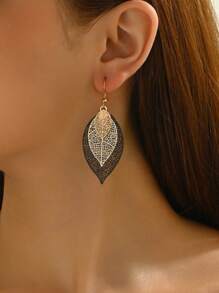 1 对女士复古时尚百搭叶子镂空金属耳环，适合度假和日常佩戴 - 黑色992 - 查看 3