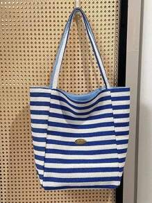 双面复古风格条纹帆布手提包，女士大容量条纹帆布手提包 - 时尚单肩包，适合旅行和购物，鲜艳的红白条纹，宽敞，多功能，可手洗 - 无封口，日常手提包，休闲日常手提包，购物手提包|休闲时尚包|条纹图案包，沙滩配饰|镂空设计 - 彩色 - 查看 12