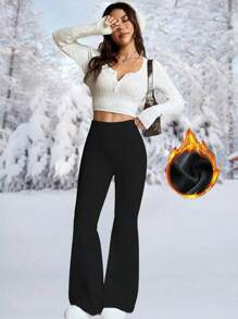 Women's Thermal Fleece Lined High Waist Flare Pants, Winter Fitness Warm Thick Leggings Soft Yoga Pants, Women's Clothing, Women's Winter Clothing